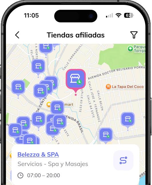 Map of Cuotas affiliated stores in the Punto Pago app
