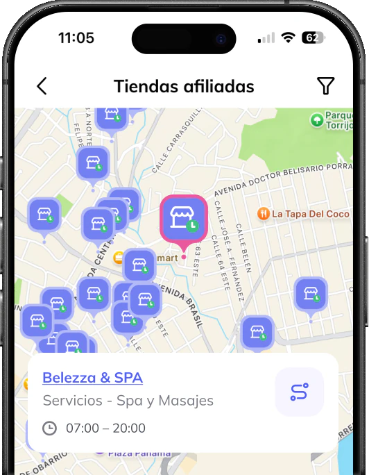 Map of Cuotas affiliated stores in the Punto Pago app